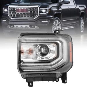 GMC Sierra 1500 Headlight Assembly 2016 2017 2018 Xenon Head Light with LED DRL Turn Signal Light Chrome Housing Clear Lens Left Driver Side GM2502453 84568272