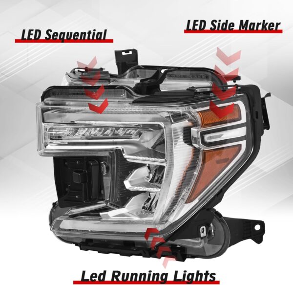 GMC Sierra 1500 Headlight Assembly 2019 2020 2021 LED Projector HeadLamp with LED DRL Turn Signal Light Chrome Housing Clear Lens Left Driver Side 85535169 GM2502495 - Image 3