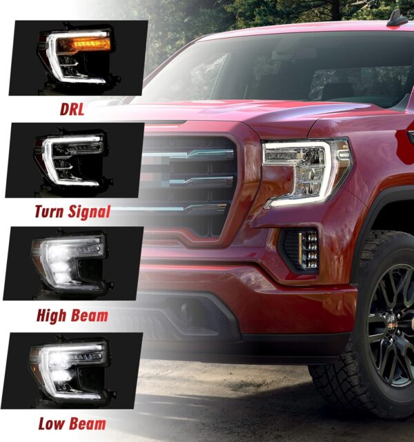GMC Sierra 1500 Headlight Assembly 2019 2020 2021 LED Projector HeadLamp with LED DRL Turn Signal Light Chrome Housing Clear Lens Left Driver Side 85535169 GM2502495 - Image 6