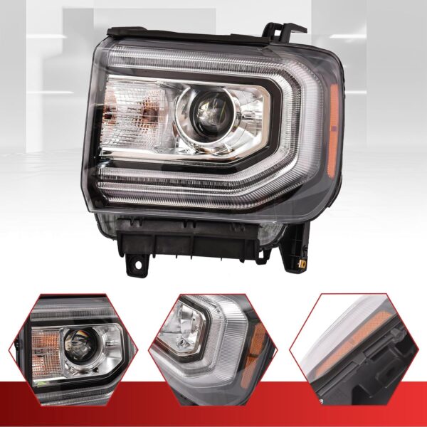 GMC Sierra 1500 Headlight Assembly 2016 2017 2018 Xenon Head Light with LED DRL Turn Signal Light Chrome Housing Clear Lens Left Driver Side GM2502453 84568272 - Image 5